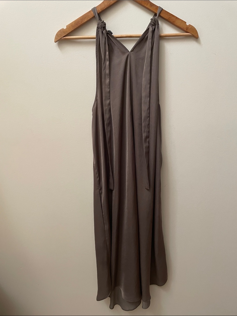 BCBGMaxAzria Satin Taupe Tie-Shoulder Halter Midi Dress